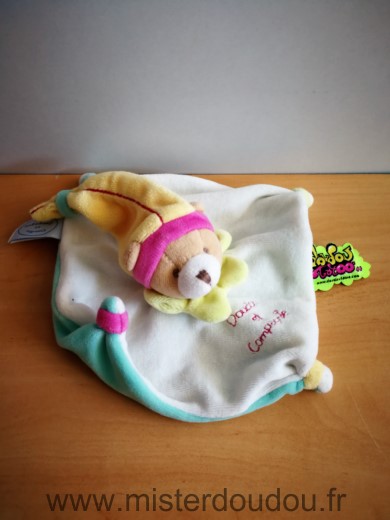 Ours Blanc bleu dessous bonnet jaune Doudou et compagnie