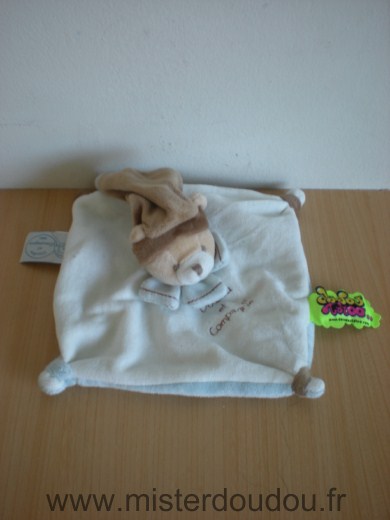 Ours Blanc bleu dessous bonnet marron col bleu Doudou et compagnie