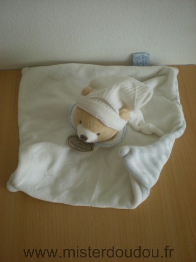 Ours Blanc bonnet blanc dessous raye blanc bleu Doudou et compagnie