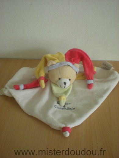 Ours Blanc bonnet jaune rouge Doudou et compagnie