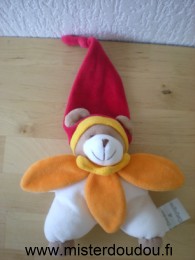 Ours Blanc col fleur orange bonnet rouge Doudou et compagnie