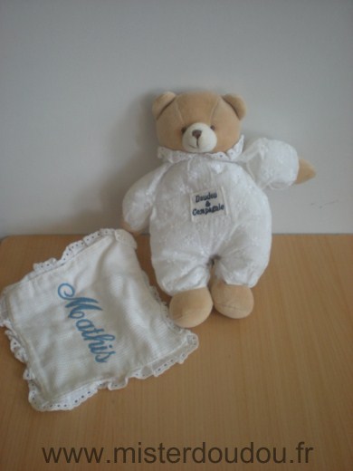 Ours Blanc dantelle mouchoir blanc brodé mathis Doudou et compagnie