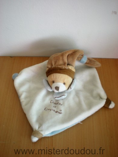 Ours Blanc desssous bleu bonnet marron col bleu Doudou et compagnie