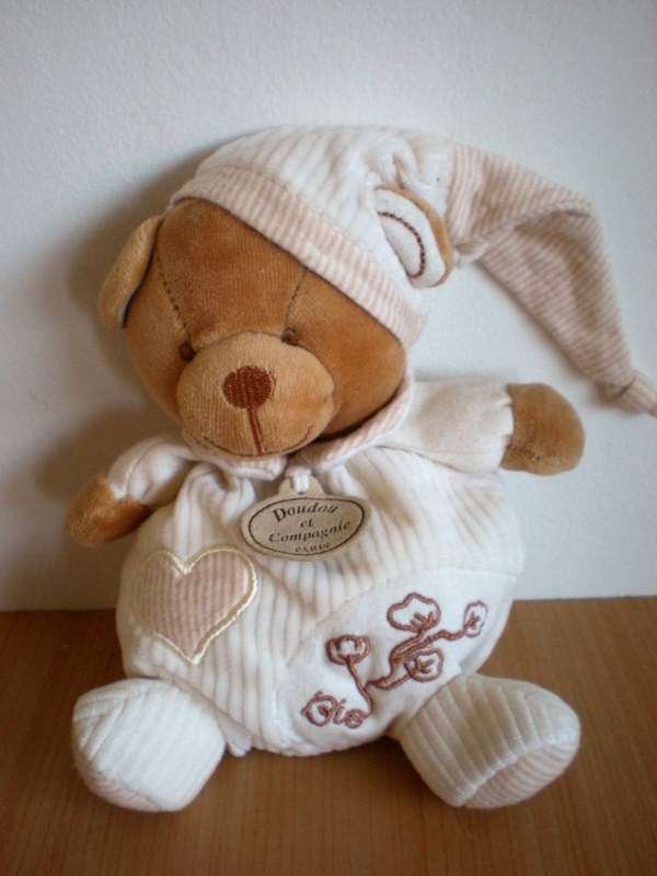 Doudou et compagnie Ours Blanc ecru marron bio coeur - Très bon état