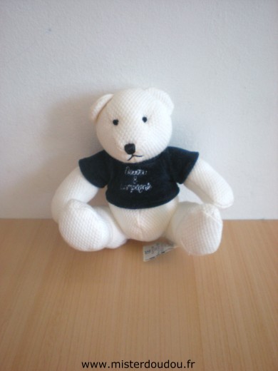 Ours Blanc pull bleu marine Doudou et compagnie