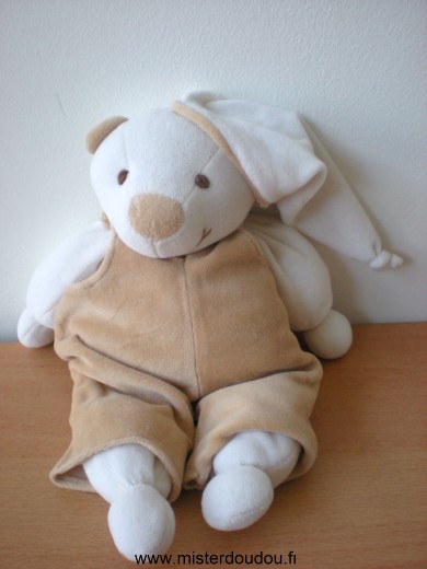 Ours Blanc salopette beige Doudou et compagnie