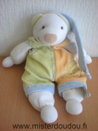 Ours Blanc salopette vert-orange bonnet bleu Doudou et compagnie