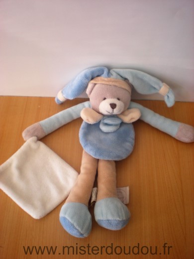Ours Bleu beige mouchoir blanc Doudou et compagnie