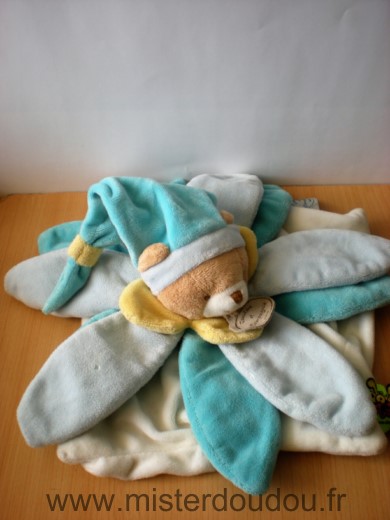 Ours Bleu blanc fleur petales Doudou et compagnie