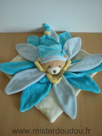 Ours Bleu blanc jaune fleur petales Doudou et compagnie