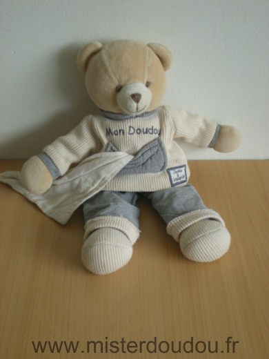 Ours Ecru bleu avec mouchoir Doudou et compagnie