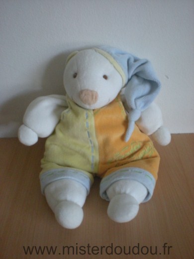 Ours Fripon blanc salopette orange jaune bleu Doudou et compagnie