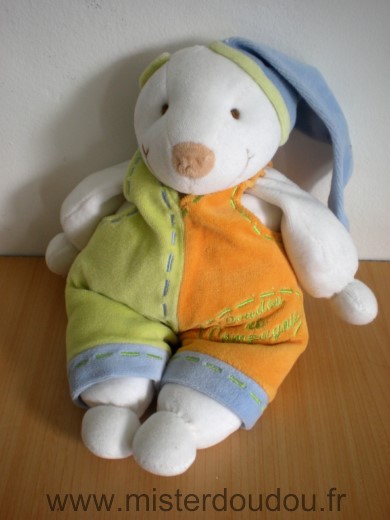 Ours Fripon blanc salopette orange vert Doudou et compagnie