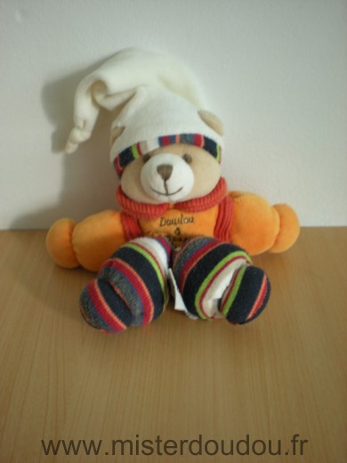 Ours Orange bonnet ecru jambes rayees Doudou et compagnie