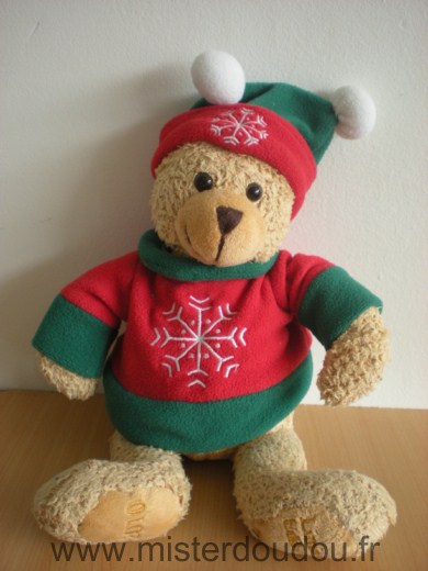 Ours Marron pull et bonnet rouge et vert flocon blanc Freddy the teddy