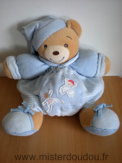Ours Patapouf bleu blanc raye bras en tricot bleu deux personnages Kaloo