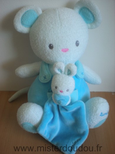 Luminou Ours Blanc bleu avec doudou lapin mouchoir bleu - Très bon état