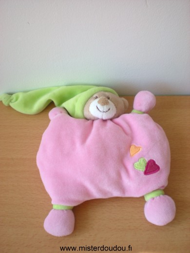 Nattou Ours Rose bonnet vert 3 coeurs - Très bon état