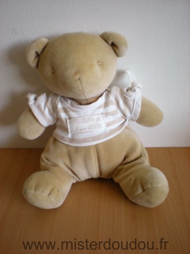 Nounours Ours Beige tshirt rayé blanc beige les bebes de l an 2000 - Très bon état