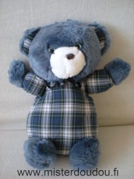 Ours Tissus carreau bleu marine blanc tête peluche bleu Nounours