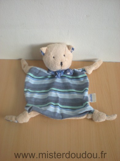 Pommette Ours Tissus rayé bleu devant, velours beige derriere - Très bon état