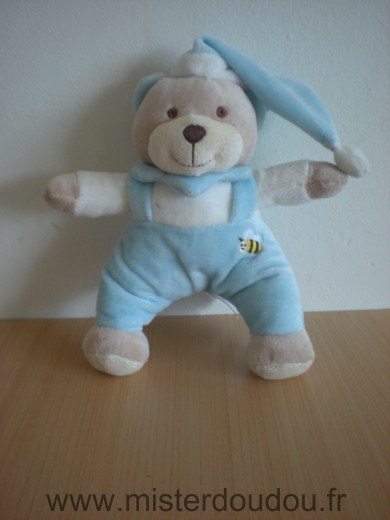 Soft friends Ours Blanc salopette bleu bonnet bleu avec une abeille brodee - Très bon état