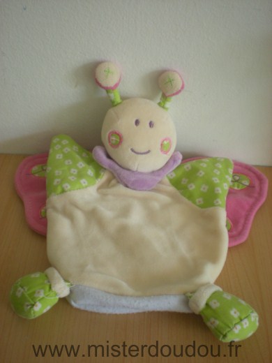 Nounours Papillon Ecru vert ailes roses - Très bon état