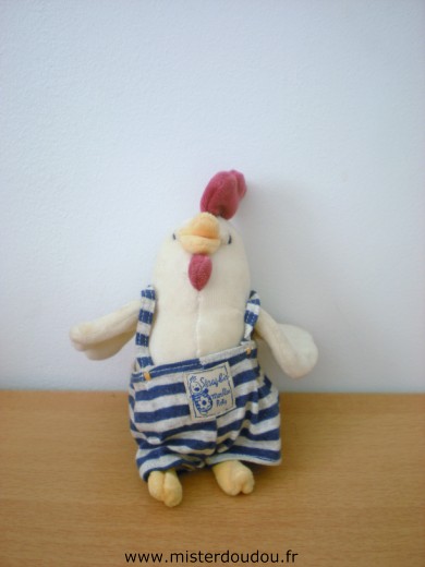 Poule Séraphin ecru salopette rayée bleu gris Moulin roty