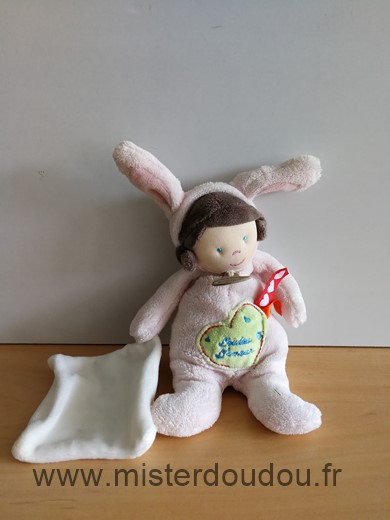 Baby nat Poupée Deguisee en lapin rose mouchoir blanc coeur doudou d amour - Très bon état