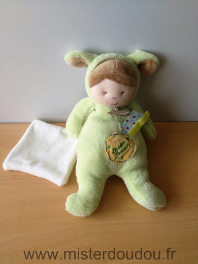 Baby nat Poupée Vert doudou damour capuche mouchoir blanc - Très bon état