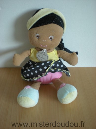 Doudou et compagnie Poupée Marron tshirt jaune jupe noire - Etat moyen