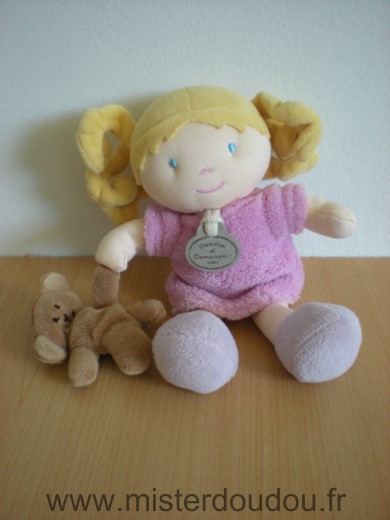 Doudou et compagnie Poupée Melle rose avec son doudou ours marron - Très bon état