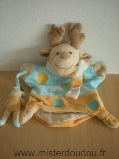 Doudou et compagnie Renne Bleu jaune avec bebe doudou - Très bon état