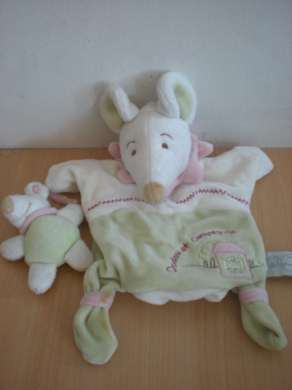 Doudou et compagnie Souris Barbotine avec bébé souris blanc rose vert broderie maison - Très bon état