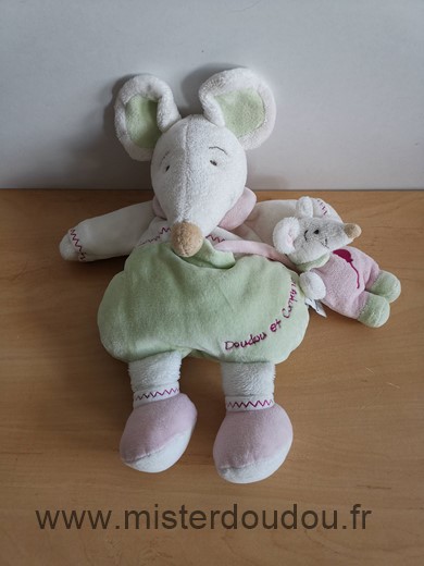 Doudou et compagnie Souris Vert blanc rose barbotine avec bebe - Très bon état