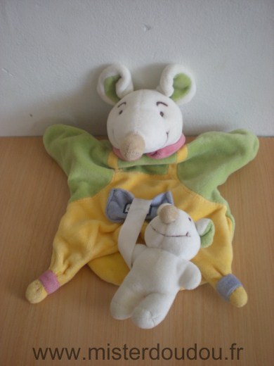 Doudou et compagnie Souris Vert jaune poche bleue avec bébé souris - Très bon état