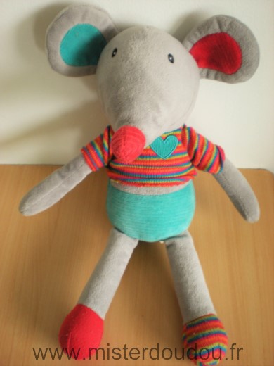 Eveil et jeux Souris Ebulobo achille gris bleu rouge pull raye coeur - Très bon état