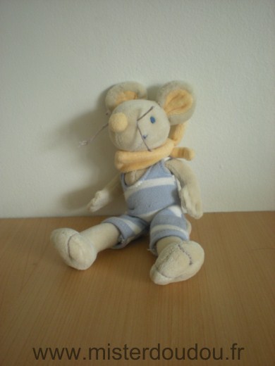 Jollybaby Souris Beige salopette rayé bleu blanc foulard jaune - Très bon état