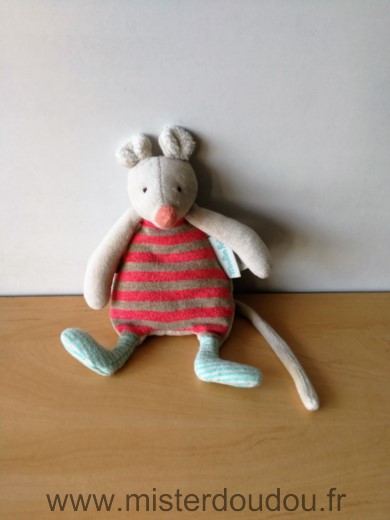 Moulin roty Souris Beige raye rouge biscotte et pompon - Très bon état