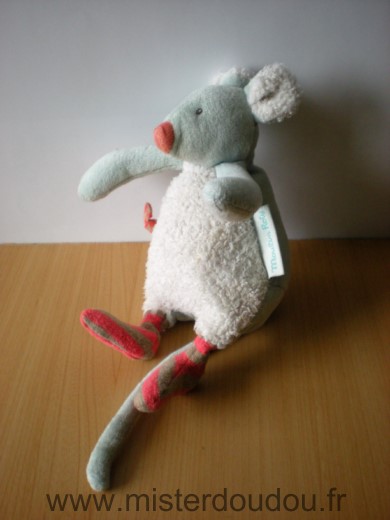 Moulin roty Souris Blanc bleu biscotte et pompon - Très bon état