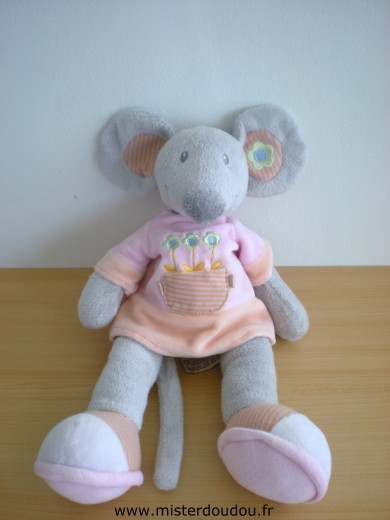 Nicotoy Souris Gris rose rose avec 3 fleurs - Très bon état