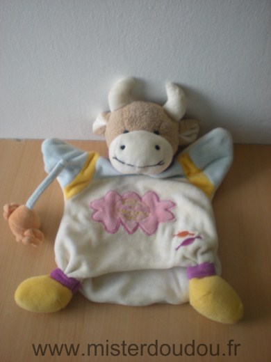 Doudou et compagnie Vache Blanc rose jaune bleu - Très bon état