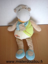 Doudou et compagnie Vache Bleu vert blanc beige bonbon orange brodé devant - Très bon état