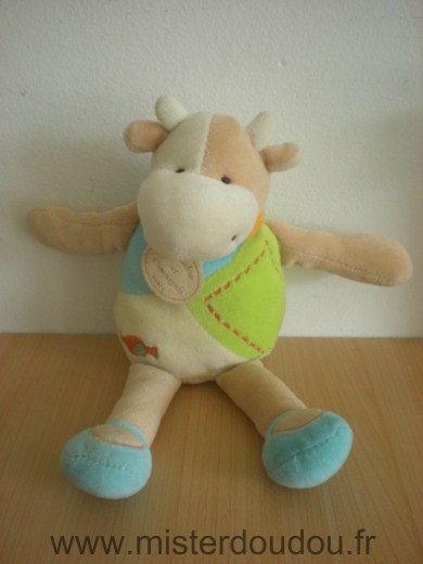 Doudou et compagnie Vache Cerise vert bleu ecru beige avec un bonbon orange brode - Très bon état