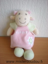 Nounours Vache Jaune clair vert rose rose avec fleur brodée titine - Très bon état