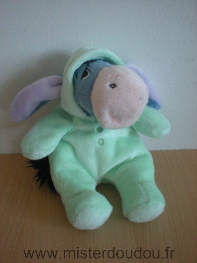 Doudou Ane Disney Bouriquet bleu mauve habit capuche vert 