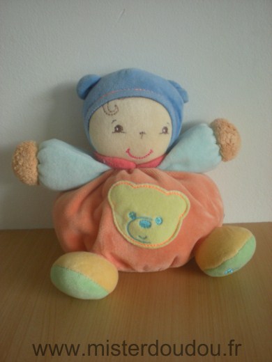 Doudou Bonhomme Kaloo Orange bleu tête de nounours 