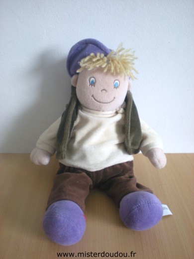 Doudou Bonhomme Nicotoy Tshirt jaune gilet marron pentalon marron, casquette mauve 