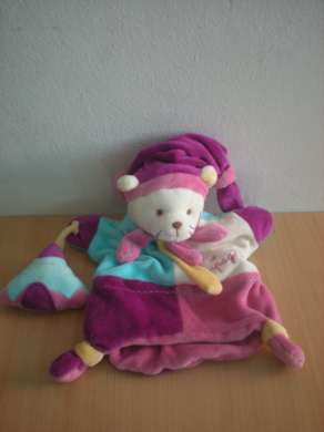 Doudou Chat Doudou et compagnie Violet bleu blanc rose 