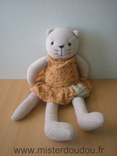 Doudou Chat Moulin roty Beige roge orange motifs fleurs 